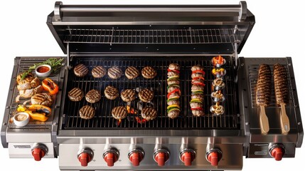 A grill with a variety of meats and vegetables on it