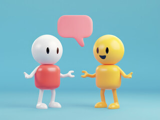 Voting choices dialogue between two 3D cartoon citizens discussing their election decisions. Colorful animation with copy space for civic engagement.