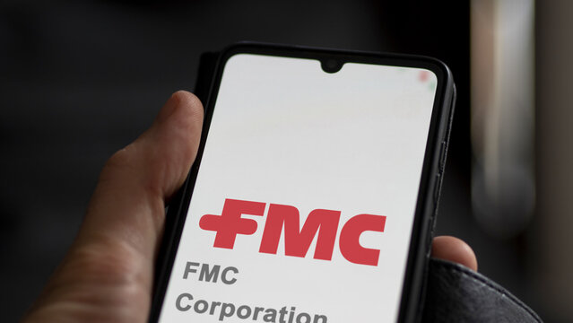 April 09th 2024 , Philadelphia, Pennsylvania. Close up on logo of FMC Corporation on the screen of an exchange. FMC Corporation price stocks, $FMC on a device.