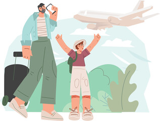 Father and child travel by plane. Family adventure and joint vacation. Airplane trip banner design.