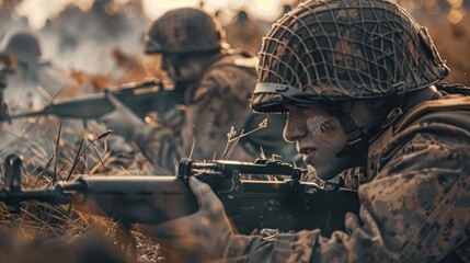Soldiers on the Battlefield During World War 2.Army marine corps soldier military war with gun weapon participating and preparing to attack the enemy