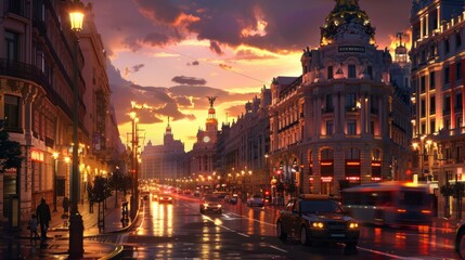 spain twilight street gran skyline city madrid sunset europa night landscape famous traffic view...