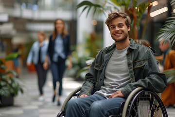 Obraz premium Young man in a wheelchair works with normal people with confidence in the office.