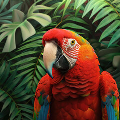 Colorful, large parrot close-up against a background of tropical vegetation. Illustration, graphic resource for printing on fabric, paper.