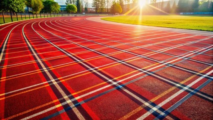 Red tartan track with white lines in sunlight