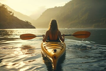 Woman kayaks on a calm lake with mountains in the background at dusk