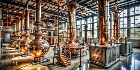 Cutting-edge distillery blending artistry and technology with stunning visuals and intricate details