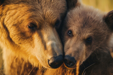A mother bear and her cub lovingly embrace, symbolizing maternal affection in the wild. Ideal for illustrating tender moments in nature. Generative AI.