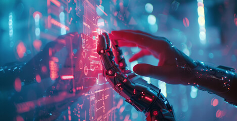 A illusion connection of cyborg robot hands are featured against a uniform background, illuminated by holographic technology and captivating light effects.