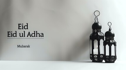 A minimalist design with sleek black Ramadan lanterns against a stark white background, "Eid ul Adha Mubarak" in a clean, minimalist font.