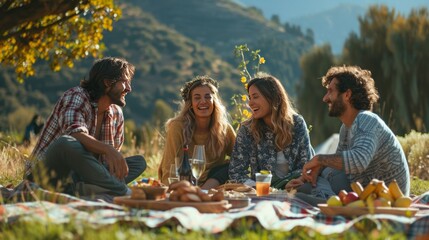 A group of friends laughing and enjoying a picnic in a picturesque park, representing the simple pleasures of life. - Powered by Adobe