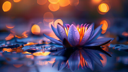 Raindrops on a beautiful lotus in water.