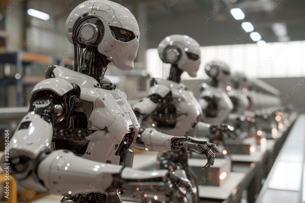 Poster advanced robots working in a factory, ai generated