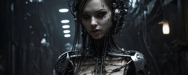 cibernetic woman with a mask, female robot, artificial intelligence, dark side