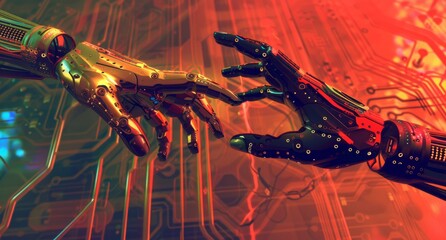 A illusion connection of cyborg robot hands are featured against a uniform background, illuminated by holographic technology and captivating light effects.