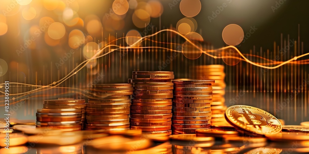 Poster financial growth represented by graph and coin on abstract backdrop. concept financial growth, incom
