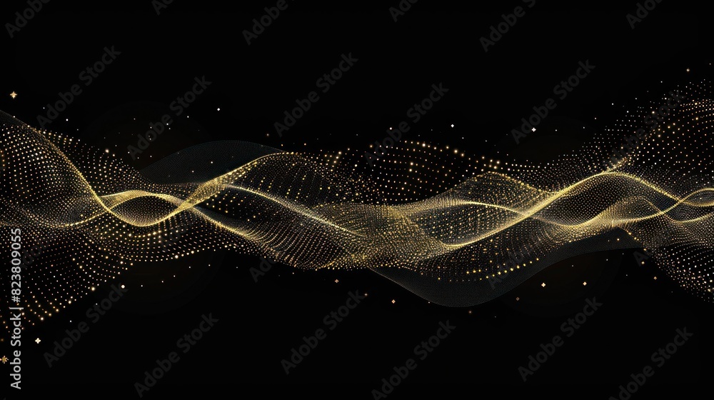 Poster abstract golden wave. shiny gold line design element with sparkling effect on dark background