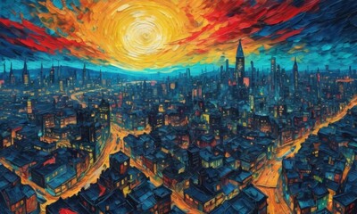 painting of a cityscape in oil, in the style of famous artists