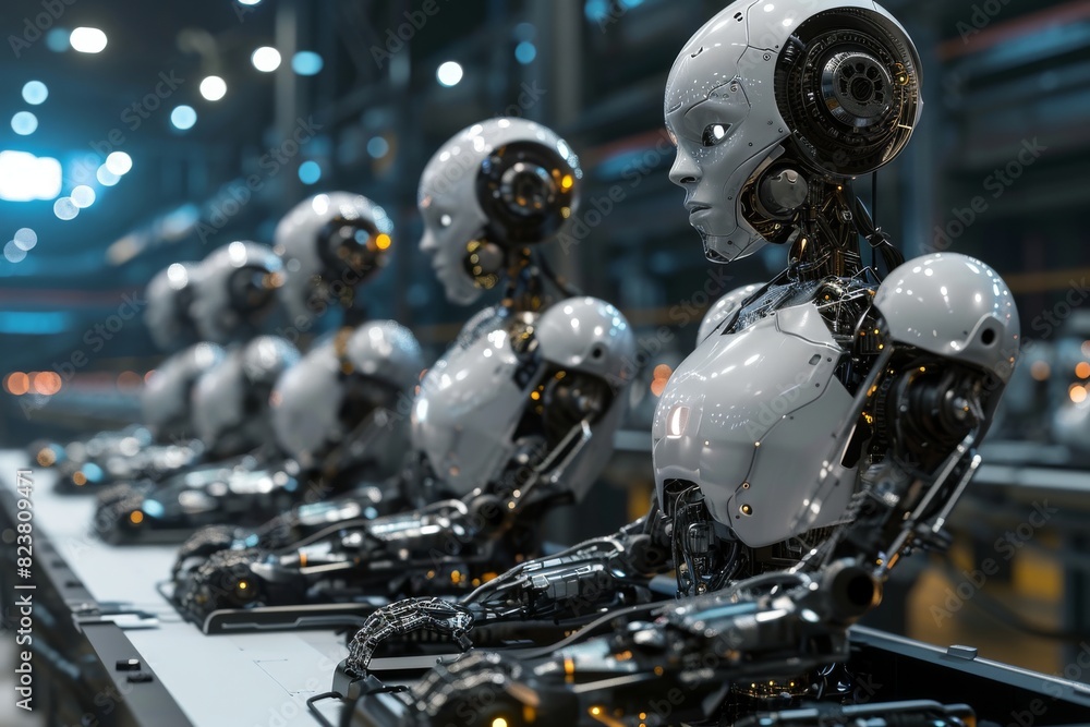 Poster advanced robots working in a factory, ai generated
