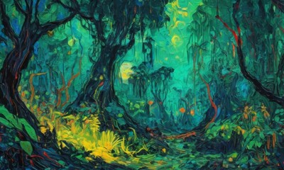 Fototapeta premium painting of a rainforest in oil, in the style of famous artists