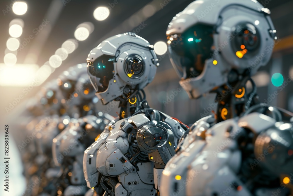 Poster advanced robots working in a factory, ai generated
