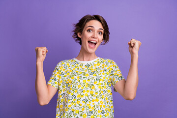 Photo of crazy funky overjoyed girl wear trendy print clothes celebrate win lottery isolated on...