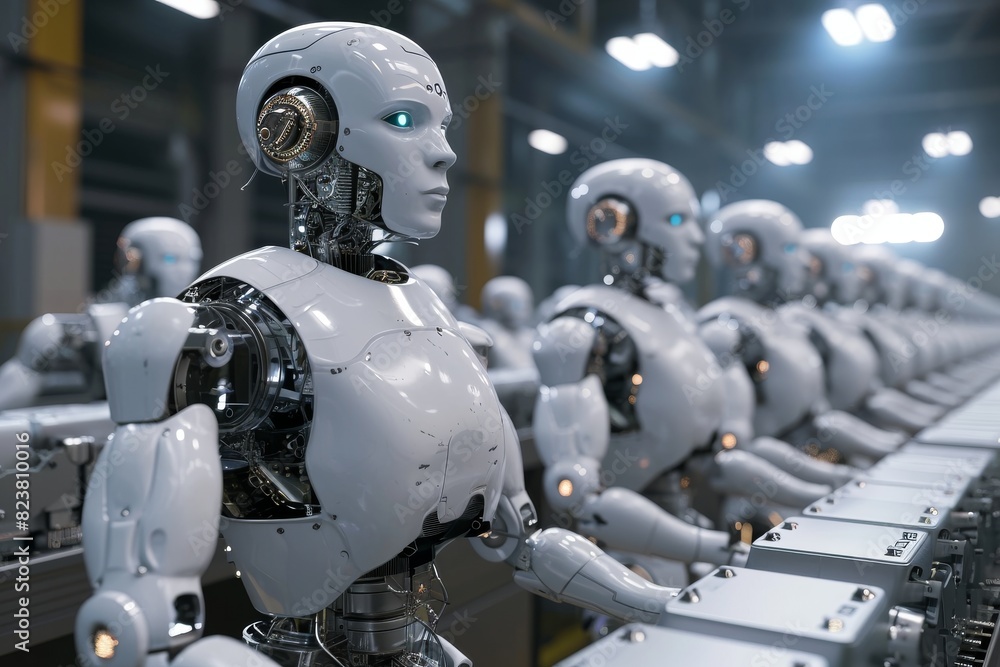 Poster advanced robots working in a factory, ai generated