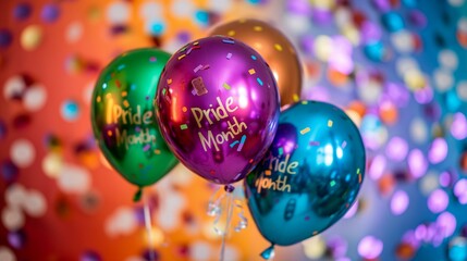 Colorful Metallic Balloons Celebrating Pride Month With Confetti Background