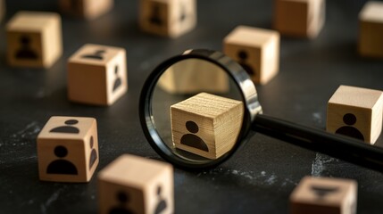Concept of Talent Searching or Employee Hiring with Magnifying Glass on Wooden Blocks