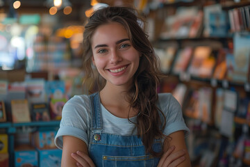 Caucasian female employee smiling with confidence in bookstore.