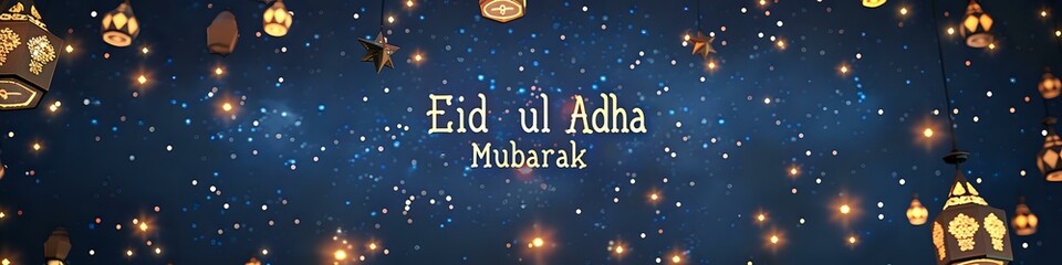 A nighttime sky filled with Ramadan lanterns resembling stars, "Eid ul Adha Mubarak" written in a glowing, celestial font in the center of a dark blue starry background.