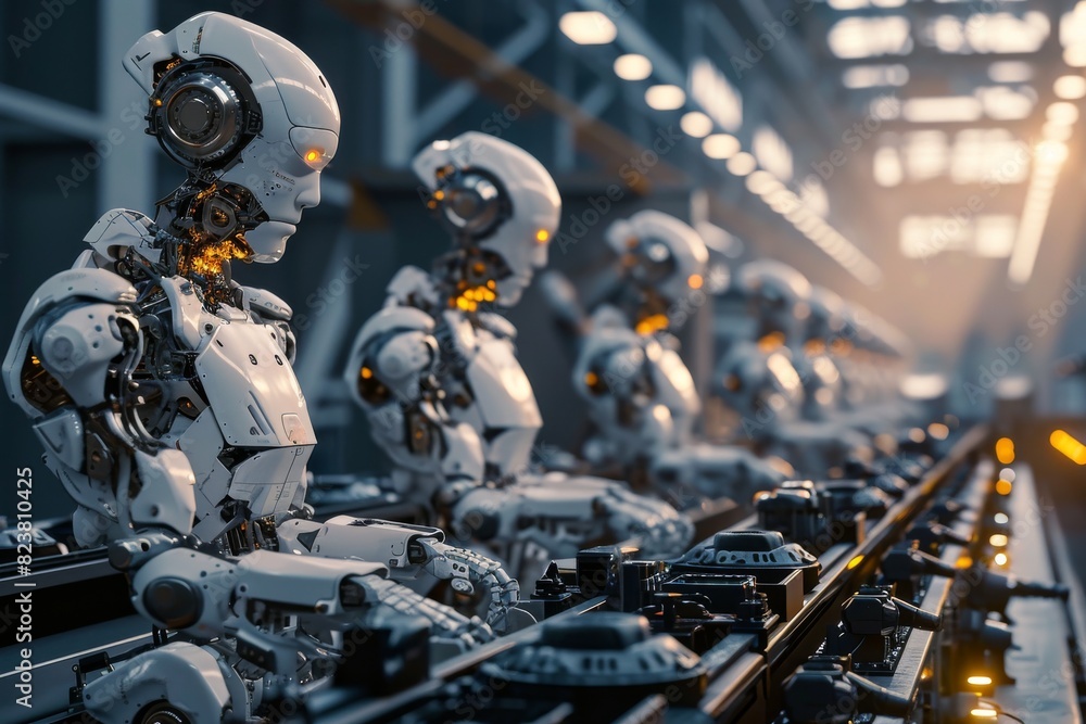 Poster advanced robots working in a factory, ai generated