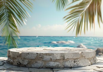 A stone podium on a blurred background of a blue sea and palm trees, depicting a summer vacation concept, with a banner containing copy space for product presentation