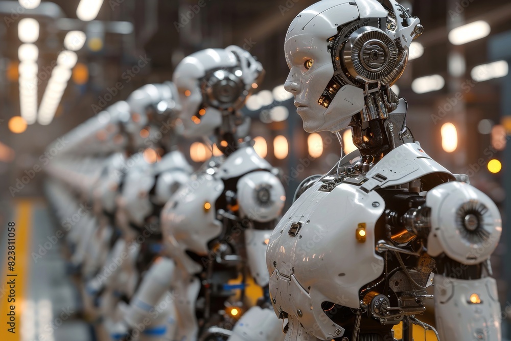 Poster advanced robots working in a factory, ai generated