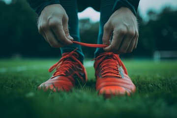 Hands tying bright red shoelace on sport shoe on grass field