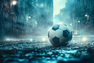 Fototapeta premium Soccer ball on wet urban street under rain with city light reflections