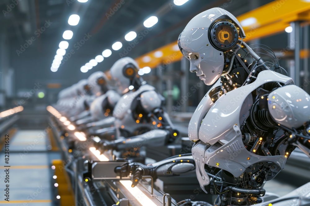 Poster advanced robots working in a factory, ai generated