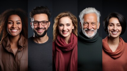 A composite image of five diverse individuals with welcoming smiles against a dark background - Powered by Adobe