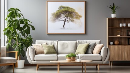 Cozy contemporary living room featuring a couch, wooden furniture, and framed tree art