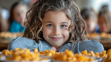 Little girl with curly hair smiling over a table full of oranges.