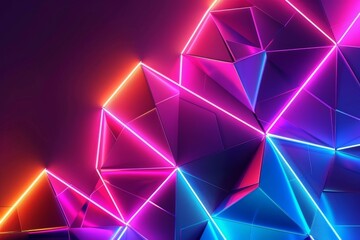 3D rendering, abstract background with polygonal shapes and neon lights.