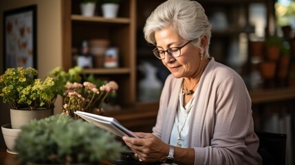 A serene picture of an older woman reading a tablet quietly at home surrounded by plants
