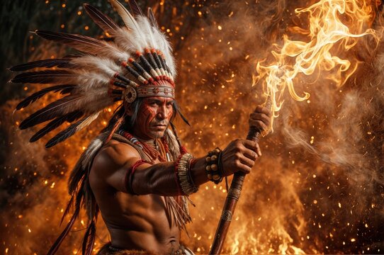 Guardian of Wisdom: The Legacy of Authority, Indian Chief and His Symbolic Feathers Holding a Torch Maintaining Sacred Tradition. Background with Fire - Copy Space.