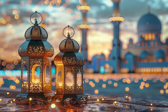 Islamic greeting Eid Mubarak cards for Muslim Holidays. Eid-Ul-Adha festival celebration.Arabic Ramadan Lantern with mosque on background. Decoration lamp AI Generative