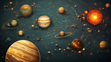 Naklejka premium This is a detailed artistic representation of the solar system with planets and celestial orbits