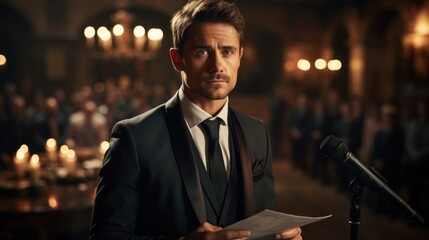 Confident man in a suit giving a speech at a formal event in front of a seated audience