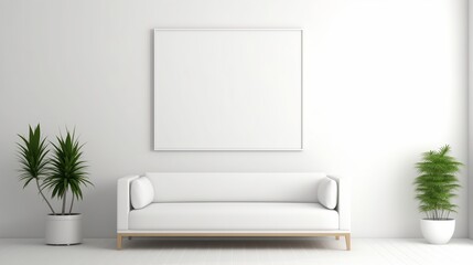 A white empty blank frame mockup mounted on a white wall in a sleek office, with glass partitions and modern furniture.