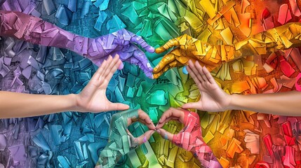 Rainbow-colored paper cut style of diverse hands forming a heart shape, celebrating LGBTQ pride, vibrant and layered