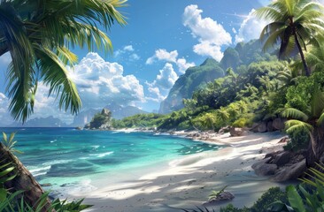 A stunning beach with crystal clear turquoise waters and white sand, surrounded by lush palm trees under the bright blue sky
