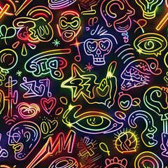 LGBTQ symbols with neon graffiti elements, seamless pattern, illustration, bold neon colors, combining street art and pride themes